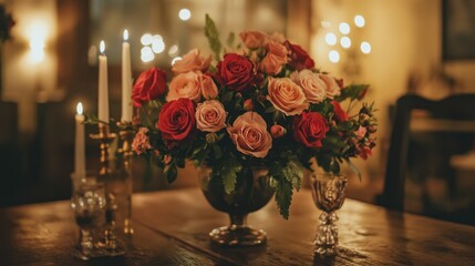 Obraz premium A gorgeous mix of red and blush pink roses in a floral arrangement on a wooden table.