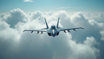 Fototapeta premium Fighter jet flies high above clouds. Powerful aircraft soars through sky. Military jet leaves smoke trail. Fast movement in sky. Action shot. Airpower. Modern tech. Aviation.