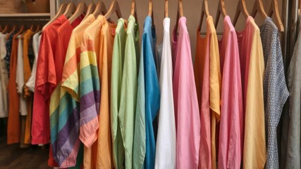 Rainbow colored clothes hanging on a wooden hanger in a fashion boutique, display, trendy