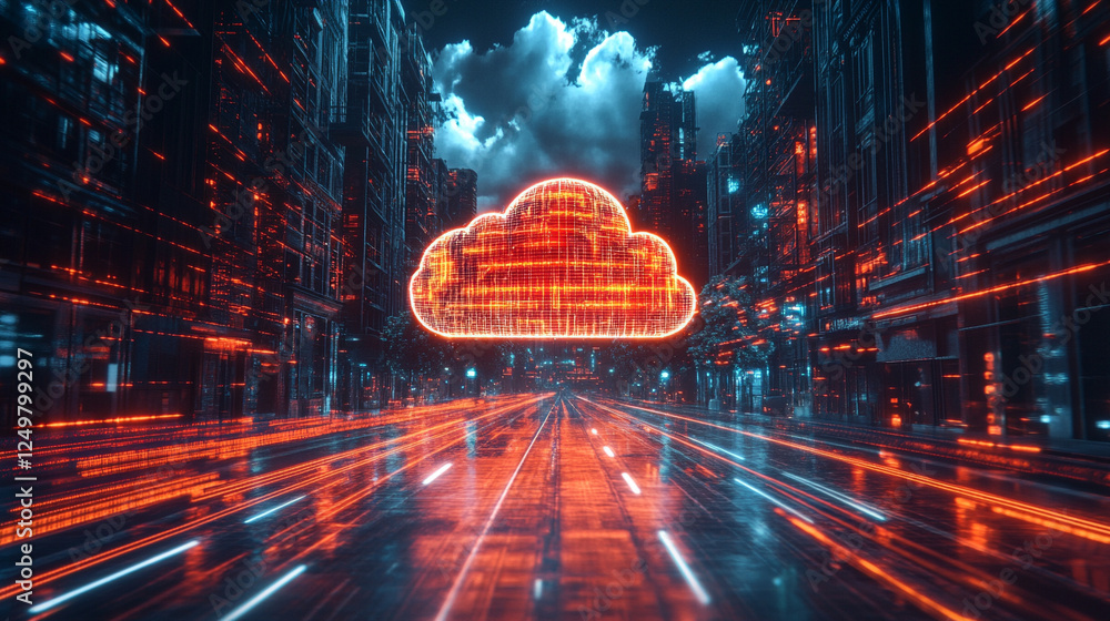 Poster multicloud management, showcasing ai orchestration across diverse cloud environments in a modern, br