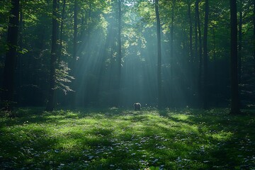 Obraz premium A lone bear in a sun-dappled forest clearing at dawn.