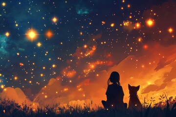 anime style illustration of a dog and a girl, a child looking the stars