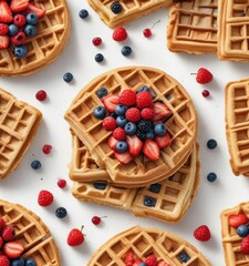 Realistic watercolor artwork of viennese berry waffles on a white background, yummy, berries and cream, dessert menu, waffle iron