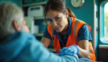 Female paramedic in orange vest, blue gloves attends to elderly patient. Paramedic shows care, attention. Emergency medical response in ambulance. Scene urgent, serious. Pro care in medical