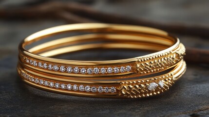 Intricately designed gold bangle set adorned with shimmering diamonds.