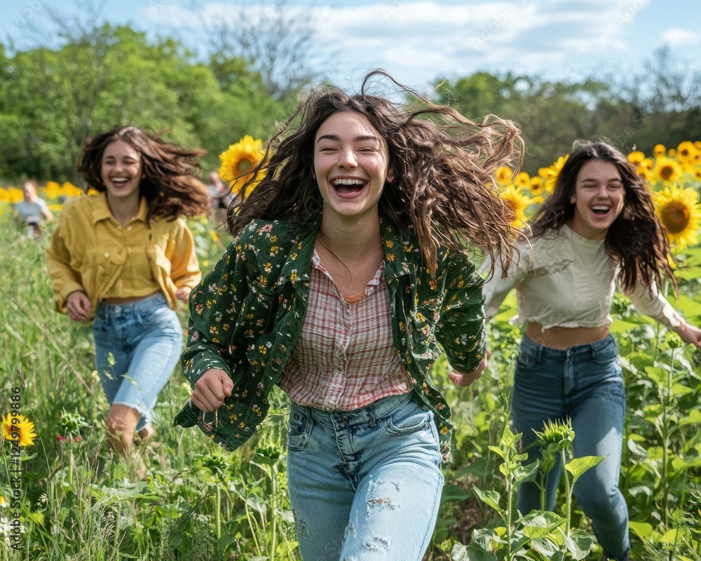 Poster Happy friends running in a sunflower field. AI.