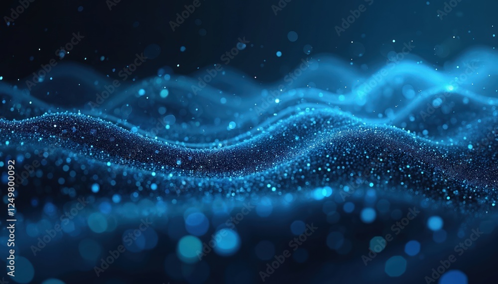 Poster abstract digital dynamic tech background. blue glowing particles create wavy patterns. futuristic de