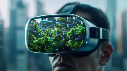 Exploring the Metaverse: A person immersed in a virtual reality headset, experiencing a lush, vibrant green landscape within a futuristic cityscape.