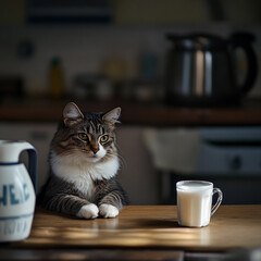 Cat sitting at kitchen table quietly observing milk in glass while a pitcher sits nearby
