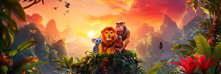 Adventure Awaits: Animated Movie Poster of Anthropomorphized Animals in a Tropical Jungle Setting