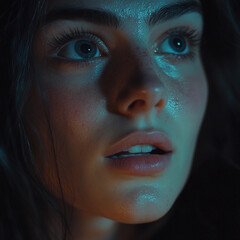 Young woman gazes with intensity in dimly lit environment, captivating blue and green hues illuminating her face