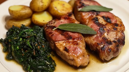 Italian veal saltimbocca sage and prosciutto served with a side of sauted spinach and roasted potatoes
