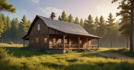 Obraz premium Rustic wooden barn house on hilltop with forest surroundings , ukraine, mountain, landscape