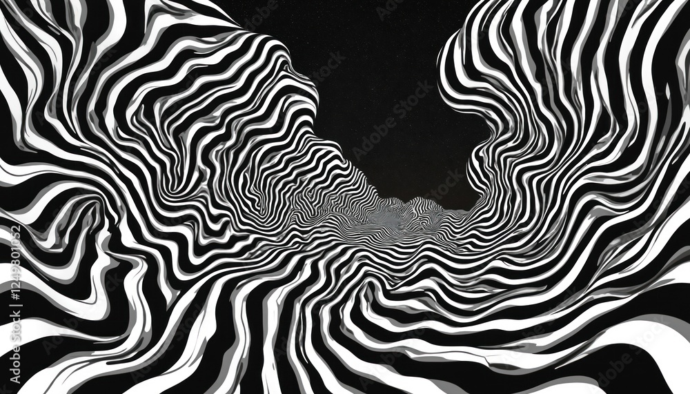 Poster abstract black, white art pattern. swirling lines create wavy forms. psychedelic effect. retro desig