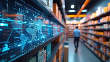 Futuristic retail store displays advanced tech, generative AI. Global data map appears on screen above shelves. Customer walks past shelves with products. Modern store design smart tech integration.