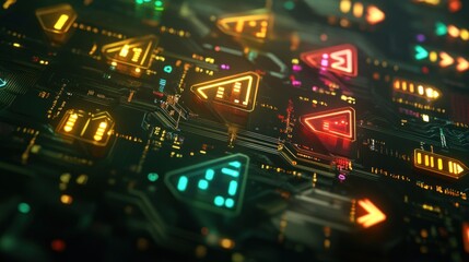 A close-up of a vibrant circuit board with glowing indicators and patterns.