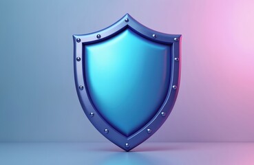 Illustration of glossy blue shield with metallic silver rim. Protection symbol for safety, security. Modern tech, trendy design element. Great for web icon app interface. Suitable for security,