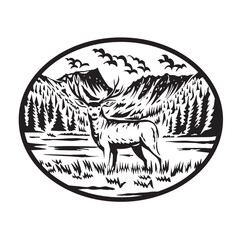 Retro woodcut style illustration of a mule deer in Grand Lake within Rocky Mountains National Park, Denver, Colorado, United States of America USA on isolated background done in black and white.
