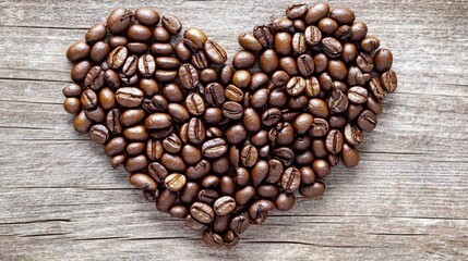 A heart made from coffee beans arranged on a rustic wooden surface.