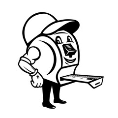 Mascot illustration of cartoon character tape measure handyman wearing hat or cap standing viewed from front on isolated white background done in retro black and white style.
