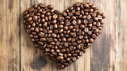 A heart made from coffee beans arranged on a rustic wooden surface.