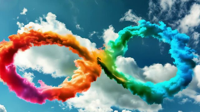 World autism awareness day background. Blue sky with rainbow colored clouds made infinity symbol of autism disorder.
