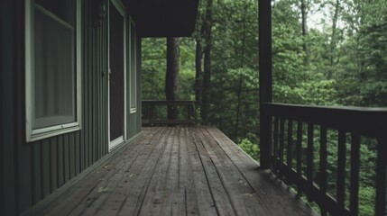 Cabin porch, forest view, rainy day, nature escape