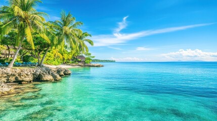 Fototapeta premium Idyllic Tropical Beach Scene with Turquoise Water and Palm Trees