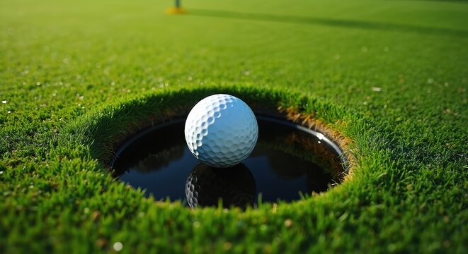 Golf ball sits perfectly in hole on vibrant green putting green. High-quality image with clear details. Well-maintained putting green. Success in golf captured on sunny day. Outdoor sports photo. Pro