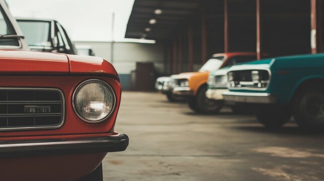 Fototapeta Classic cars parked in a garage, awaiting restoration