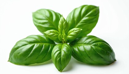 Fototapeta premium Fresh vibrant green basil leaves arranged centrally on white background. Close-up view highlights details of leaves texture, color. Healthy herb ideal for cooking garnishing. Bright, appealing image