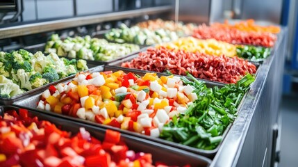 Mass production of frozen vegetables in a high-tech processing plant.