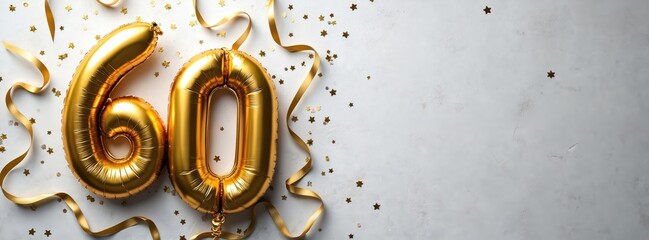 Golden foil balloons shaped like number sixty sit on gray concrete background. Gold confetti, ribbon decorate scene. Perfect for birthday anniversary celebration. Image great for invitations, cards,