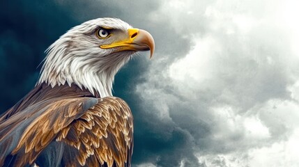 Obraz premium The striking image of a bald eagle standing proud against a backdrop of turbulent clouds evokes a sense of resilience and strength in the wild.