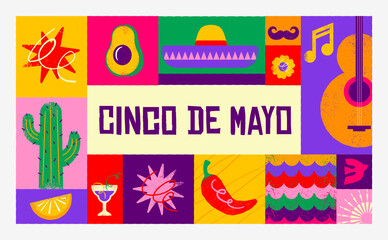 Cinco De Mayo Colorful, bold design in vibrant colors. Hand drawn textured Mexican elements. Fiesta and Mexico icons.