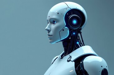 Humanoid AI cyber woman Robot in a Futuristic City