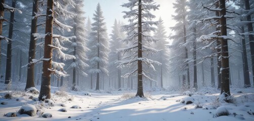 Fototapeta premium Snowy forest scene with decorated trees and snowflakes, snow covered trees, christmas decorations