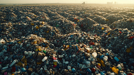 Aerial view of piles of plastic waste accumulating, symbolizing environmental pollution and chaos. Earth background with a modern, bright tone and empty space for caption
