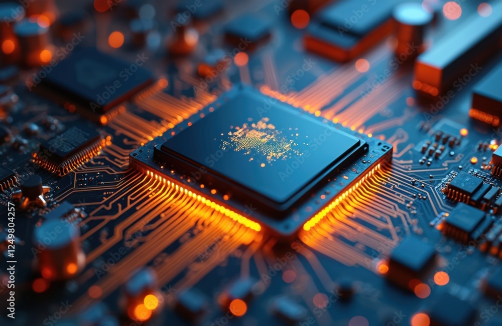 Poster close-up view of advanced computer chip on motherboard. data processing unit glows with warm orange 