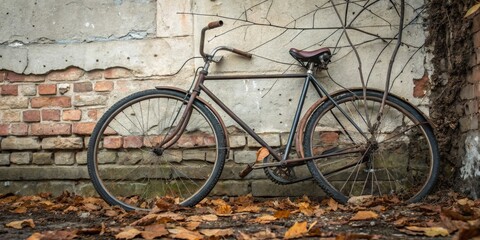 Old bicycle resting against a weathered wall surrounded by autumn leaves in an urban alleyway
