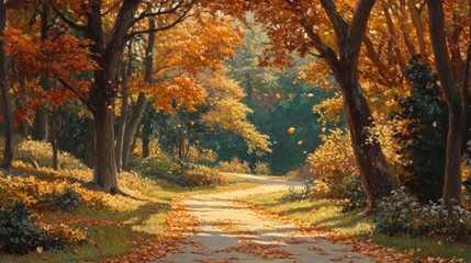 A serene autumn pathway lined with colorful trees and fallen leaves.