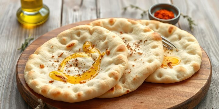 Softly baked Moroccan flatbread on a wooden board with olive oil and spices, olive oil infused, homemade bread, flatbread