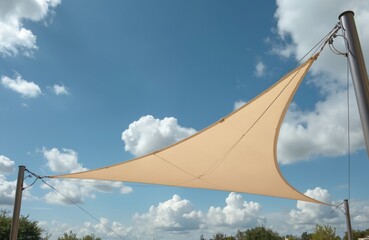 Outdoor patio shelter with taut white canopy. Modern design. Large tarp provides shade, protection from sun, rain. Attached to poles with ropes. Ideal for outdoor spaces like restaurants,