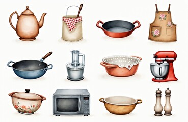 Watercolor illustration of kitchen utensils, appliances on white background. Various items like teapot, pan, saucepan, food processor, mixing bowl, apron, salt, pepper shakers displayed. Style