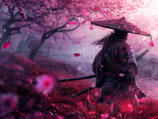 Fototapeta premium Samurai in the Sakura Breeze: A lone samurai, clad in traditional armor, stands amidst a vibrant cherry blossom forest. The pink petals fall like soft rain around him, creating a dreamlike atmosphere.