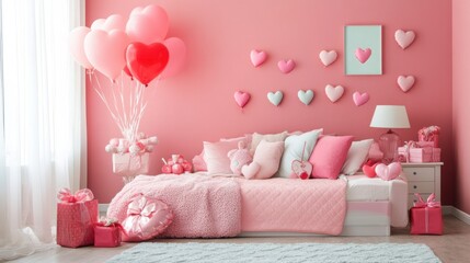 A stylish bedroom with a Valentine's setup, featuring heart balloons and gifts.