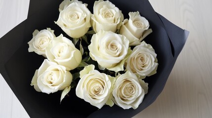 Obraz premium A stylish bouquet of monochrome roses wrapped in black paper for a modern touch.