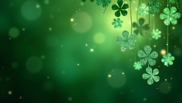 Elegant St. Patrick’s Day Design with Shimmering Shamrocks, Deep Green Background, and Festive Bokeh Lights