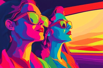 colorful graphic of two women on a road trip, retro style