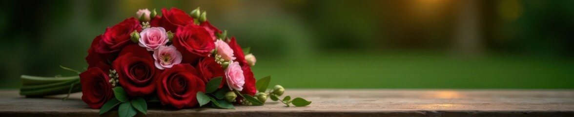 Obraz premium A delicate bouquet of red roses and pink carnations on a wooden altar in a quiet garden setting , flowers, funeral, Red roses